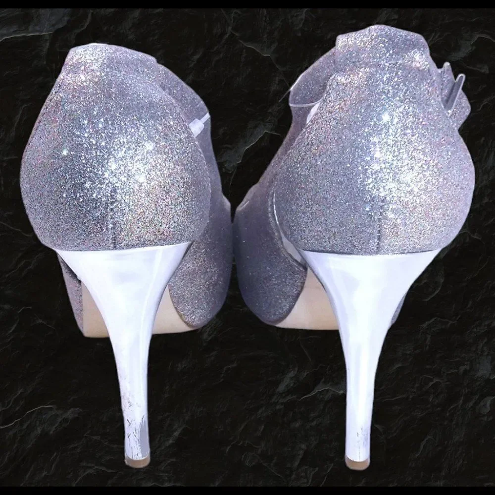 Guess rainbow silver glitter encrusted peep-toe stiletto heels